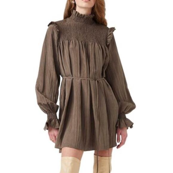 French Connection Dresses & Skirts - French Connection brown smocked high neck long blouson sleeve mini dress M